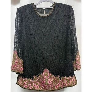 VTG Laurence Kazar 100% Silk Beaded & Embroidered Top Sz M Whimsigoth Retro Glam